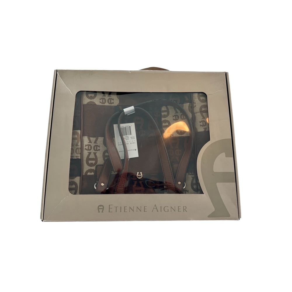 Etienne Aigner Tote In A Box Brown Patchwork Logo Monogram Shoulder Bag NWT